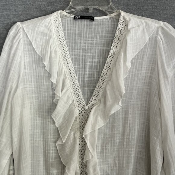 Zara Sheer Gauzy Ruffled Top Large Ivory Puff Sleeve Boho Peasant Fairy Blouse - Picture 2 of 11